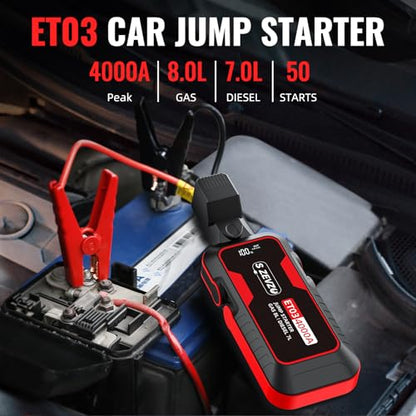 S ZEVZO ET03 4000A Car Jump Starter Jump Starter Battery Pack for Up to 8.0L Gas and 7.0L Diesel Engines, 74Wh Portable 12V Jump Box with USB Ports, LCD Display, Storage Case, and LED Light