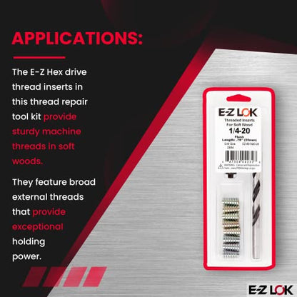 E-Z Hex Thread Repair Kit for Soft Wood Flush Threaded Inserts 1/4-20 x 20mm, Drill, Installation Tool - size: 1/4-20 x 20mm, style: Flush