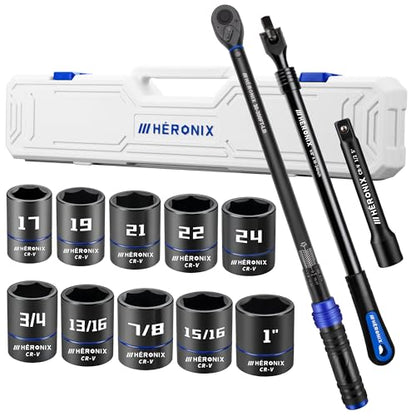 13PCS 1/2-Inch Drive Click Torque Wrench Set (30-300 ft-lb / 40.7-406.8 Nm), Tire Change Kit with 1/2" Breaker Bar, 5" Extension & 10 Metric/SAE Sockets for Auto, Truck & Lug Nut Repair - size: 1/2" DR. 13PCS『30-300 FT.LB & Breaker Bar』