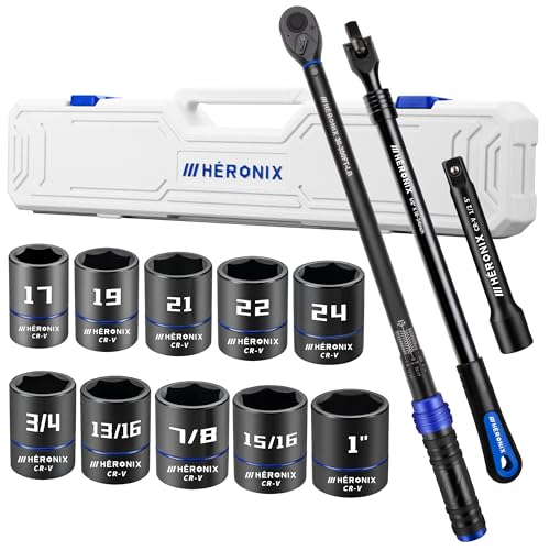 13PCS 1/2-Inch Drive Click Torque Wrench Set (30-300 ft-lb / 40.7-406.8 Nm), Tire Change Kit with 1/2" Breaker Bar, 5" Extension & 10 Metric/SAE Sockets for Auto, Truck & Lug Nut Repair - size: 1/2" DR. 13PCS『30-300 FT.LB & Breaker Bar』