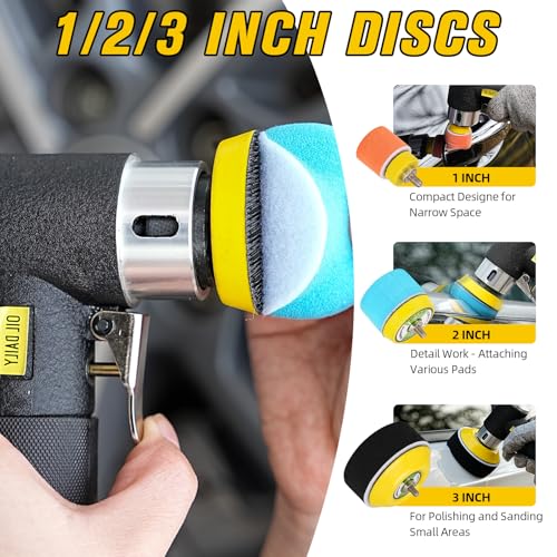 SI FANG 1'' 2'' 3'' Mini Random Orbital Air Sander Kit, High Speed Pneumatic DA Sanders Polisher for Auto Body Work, Includes 27Pcs 1/2/3in Polishing Sponge & Wool Pads, 15Pcs Sandpapers (Black) - style: 1"2"3" Buffer&Sander Kit