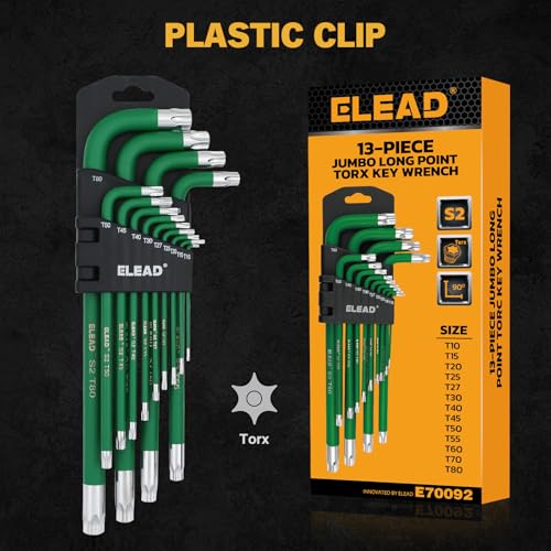 ELEAD Jumbo Torx Key Wrench Set | 13-Piece Durable S2 Star Keys | L-Shaped Long Arm Design | Sizes T10 to T80 | Automotive | Mechanic | Furniture | Professional Grade Tools - style: 13PCS Jumbo Torx Star