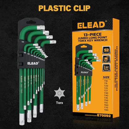 ELEAD Jumbo Torx Key Wrench Set | 13-Piece Durable S2 Star Keys | L-Shaped Long Arm Design | Sizes T10 to T80 | Automotive | Mechanic | Furniture | Professional Grade Tools - style: 13PCS Jumbo Torx Star