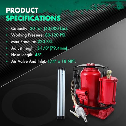 Pneumatic Air Hydraulic Bottle Jack with Manual Hand Pump 20 Ton (40 000 LBS) for Heavy Duty Auto Truck Travel Trailer Repair Lift Red Ideal for Car, Pickup, SUV, Industrial Engineering