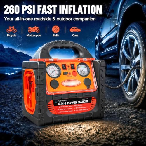 2200 Amp Car Jump Starter with Air Compressor,Portable Power Station with 260 PSI Tire Inflator,400W Power Inverter Dual AC/DC Ports,2.1A USB Port,Battery Clamps