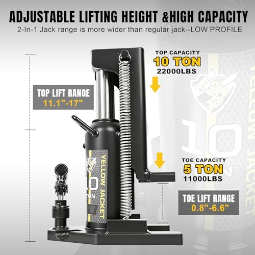 YELLOW JACKET Toe Jack, 10 Ton Saddle/5 Ton Claw 2-in-1 Low Profile Lift Jack, Heavy Duty Hydraulic Claw Jack for Automotive, Machinery, Construction, Farm, Garage - size: 10 Ton Saddle