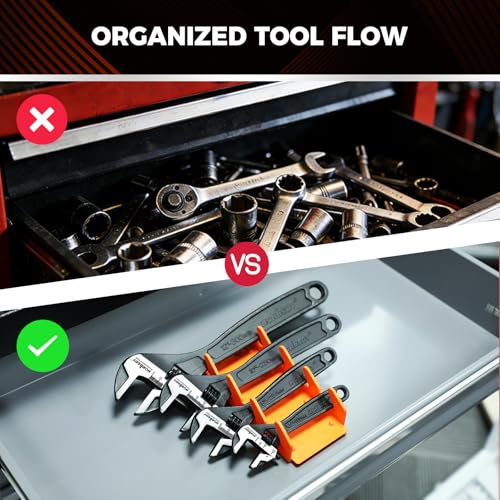 HORUSDY 4-Piece Adjustable Wrench Set With 4-Piece Magnetic Wrench Organizer Racks, 6" 8" 10" Wide Jaw Black Oxide Wrenches with Tool Roll Pouch, Metric&SAE Scales, CR-V Steel for Home Garage Workshop - style: 4 Wide Jaw Wrenches + 4 Magnetic Racks