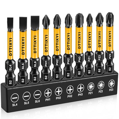 Magnetic Screwdriver Bit Set, 10 PCS, 2 in, 1/4 in Hex, PH/PZ/SL | S2 steel. Phillips PH1, PH2 x2, PH3. Pozidriv PZ1-PZ3. Slotted flat head SL4-SL6. Hex shank for power drills/impact drivers - style: 10 PCS, 2 in, PH/PZ/SL