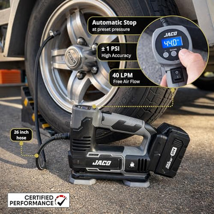 JACO 20V Cordless Tire Inflator Portable Air Compressor | 4.0Ah Lithium-Ion Battery Powered Air Pump