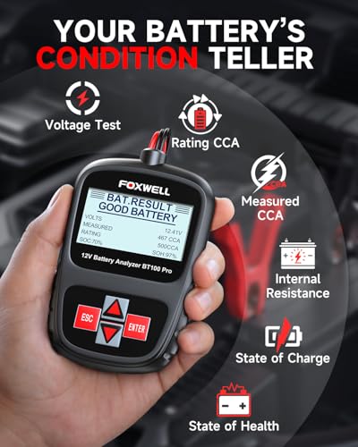 FOXWELL BT100 PRO Car Battery Tester, 12V, 100-1100 CCA Load Tester | Battery Health Tester, Save Last Test, 99.6% Accuracy, SOH/SOC/CCA, AGM/EFB/GEL/Flooded