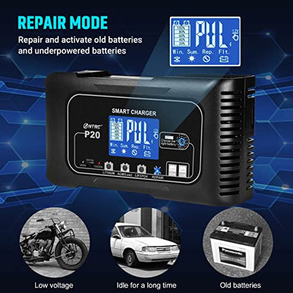 SolaMr Lithium Lifepo4 Battery Charger, 20Amp 12V and 24V Portable Smart Car Battery Charger, Trickle Charger for Lead-Acid(AGM/Gel/SLA..), Deep Cycle Charger for Marine, RV, Motorcycle (P20) - size: P20 Battery Charger