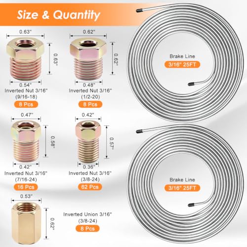 3/16 Inch Brake Line Repair Kit, 2 Set 25FT 3/16 Inch Brake Line with 102Pcs Fittings (Includes 8 Unions) and Double & Single Brake Line Flaring Tool Kit & Brake Line Bender(Silver) - size: 3/16 + 3/16 Inch Gold, style: Brake Line Kit & Tube Bender