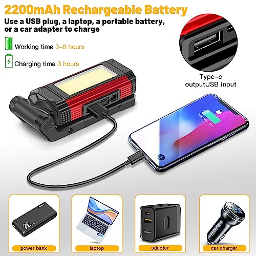 YiaMia Rechargeable Magnetic Work Light 2-Pack LED Flashlight | 2-Pack USB-C Rechargeable LED Work Lights with Strong Magnet, Kickstand and Carabiner for Garage, Camping, Car Repair - color: Red