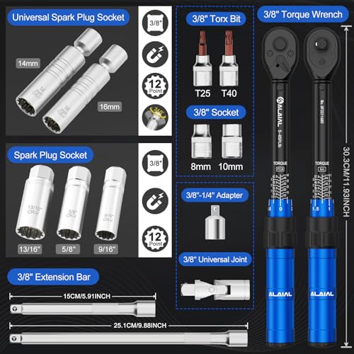 3/8" Drive Magnetic Spark Plug Socket Set, 5-45FT.LB/6.8-61Nm | Click Torque Wrench, 14PCS Swivel Spark Plug Socket, Universal Joint, Extension Bar, CR-V Steel for Easy Spark Plug Removal - size: 14PCS