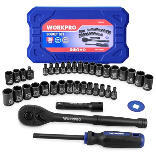 WORKPRO 39PC Drive Socket Wrench Set, 1/4'' & 3/8'' Sockets Kit, 3/8" Ratchet, Extension Bar, Spinner Handle & Adapter, Premium Black Phosphate Finish Mechanics Tool Set with Tool Box, Metric & SAE - color: Black