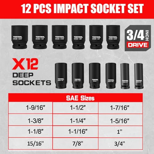 TONYNOL 3/4 Inch Drive Deep Impact Socket Set,6-Point,SAE (3/4"-1-9/16"),12 Pcs,Cr-Mo,Heavy Duty Impact Socket Set for Automotive & Industrial Machinery,With a Storage Case - size: 3/4" Drive 12-Piece (3/4" to 1-9/16")