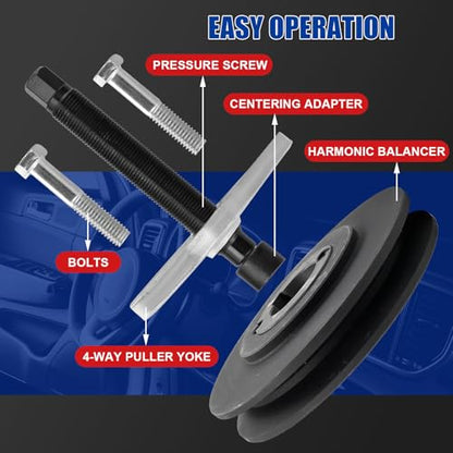 NYXOVA 46pcs Harmonic Balancer Puller Set, Steering Wheel Flywheel Crankshaft Pulley Puller kit with Harmonic Balancers, Crankshaft Pulleys and Gears, Work on Most Cars, Pickups, SUVs (Blue) - color: Blue