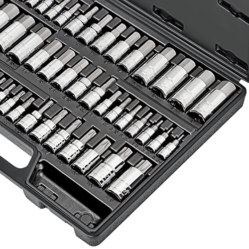 CARBYNE 50-Piece Master Torx and Allen Bit Socket Set S2 Steel SAE and Metric Hex and Star Bit Sockets 1/4 in 3/8 in and 1/2 in Drive Torx T6 to T70 for Automotive and Motorcycle Repair - size: 50 Piece