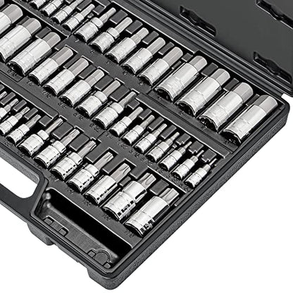 CARBYNE 50-Piece Master Torx and Allen Bit Socket Set S2 Steel SAE and Metric Hex and Star Bit Sockets 1/4 in 3/8 in and 1/2 in Drive Torx T6 to T70 for Automotive and Motorcycle Repair - size: 50 Piece