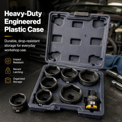 Steel Vision 7-Piece Low Profile Oil Filter Socket Set, 3/8" Drive Oil Filter Cap Removal Tool Kit with 24, 27, 29, 32, 36, 38mm Sockets and Universal Joint Adapter, CR-V Steel