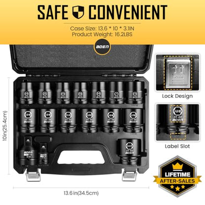 boen 3/4" Drive SAE Standard Socket Set, 11/16" - 1-1/2" Large Impact Sockets, 6-Point CR-MO Steel, Rugged Construction,16PCS with a Storage Case, for Large Vehicle and Machinery Maintenance - size: 11/16”-1-1/2"