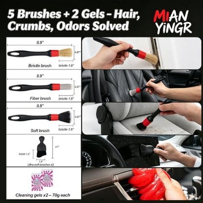 Windshield Cleaner Tool, 17Pcs Red Car Interior Detailing Kit – Stay in Seat, Inside & Out Streak-Free Clean, with Extendable Handle, Cleaning Gels & Brushes for Daily Cleaning, Pet Hair