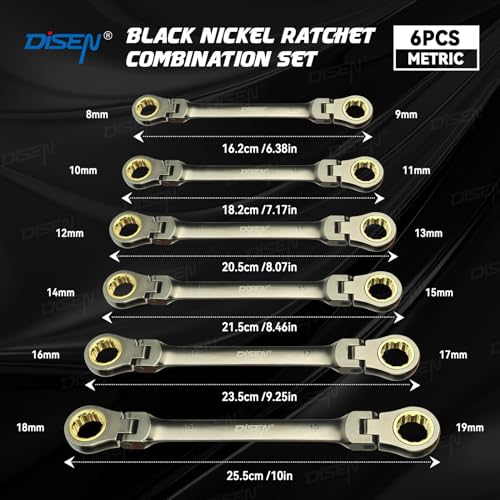 DISEN 6PCS 90 Teeth Ratcheting Wrench Set Double Box End Flex Head with Gray Nickel Coated Ratchet Wrench Set with Organizer, 12 Point 4° Swing Arc, CR-V Steel, for Home Daily Use, Gift for Man - style: 90 Teeth Standard Length