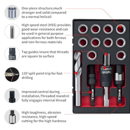 M14X1.5 Thread Repair Kit with Insert HSS Drill, Tap, Counterbore, Installation Driver, Tap Guides, Metric, 10PCS Stainless Steel Insert M14X1.5X17.8MM