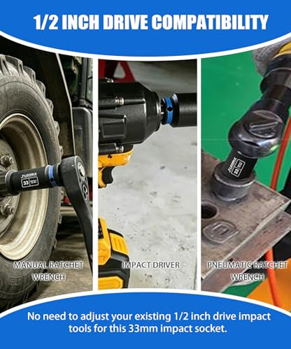 33mm Deep Impact Socket 1/2" Drive CR-MO Steel 6-Point | CR-MO steel impact socket set. 1/2" drive, 6-point design. Deep reach for lug nuts & axle nuts. - size: 33mm