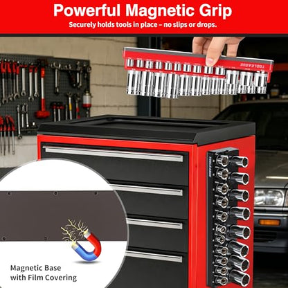 TOOLEAGUE 6Pcs Magnetic Socket Organizer Set,1/4", 3/8", 1/2" Hold 143 Pcs | Strong Magnets, Clear Sockets Size Markings, Red Metric & Black SAE Magnetic Socket Trays (Black, Red)