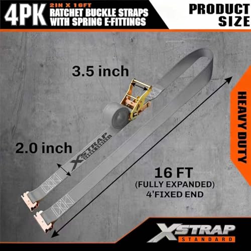 XSTRAP STANDARD 4-PK 2" x 16' E-Track Heavy Duty Ratchet Tie Down Straps | 4,400lbs Break Strength Cargo Securement Straps for Trailers, Trucks, Vans & Motorcycles with Spring Fittings (Grey) - size: Grey-4PK-16FT