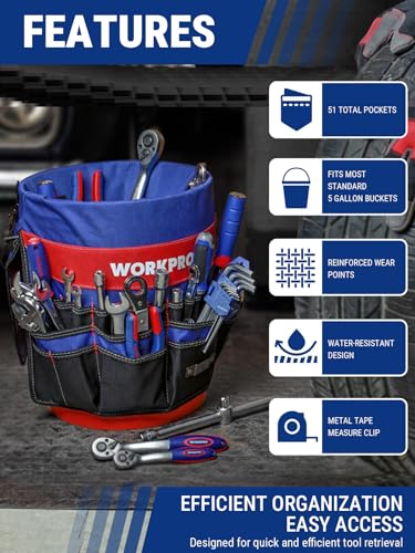 WORKPRO Bucket Tool Organizer with 51 Pockets Fits to 3.5-5 Gallon Bucket (Tools Excluded) | Perfect for Garden, Construction, Carpenter, Electrician, Welding Organize Tools