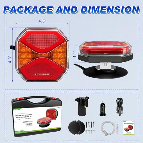 Agrieyes Wireless Trailer Lights Magnetic, Rechargeable LED Tow Light with Warning Mode, Portable USB-C Tail Light Kit for Truck RV Camper Boat Caravan Turn Signal Brake Stop Running, IP67 Waterproof - color: Amber red
