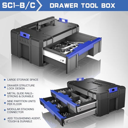 5 Tier Stackable Tool Box with Wheels,Rolling Tool Box with Drawers,Modular Tools Organizer,Portable Tool Box with Transparent Parts Box,Large Capacity Toolbox,for Garage Storage,Home and Repair Shop