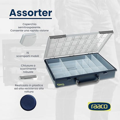 Raaco Assorter 55 4x8-15 Tool Box Organizer, 15-Slot, Semi-Transparent | Full-Size, 15 Slots Adjustable Grid, Semi-Transparent Lid, Polypropylene (PP) Storage Box for Screws, Nuts and Bolts, durable - size: Full-Size –15 Slots, style: Adjustable Grid