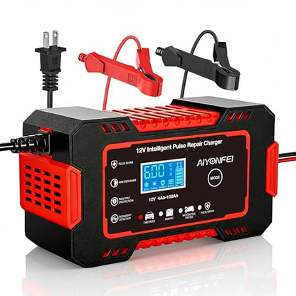 12V 6-Amp Battery Charger, Smart Trickle Charger & Maintainer RED | Battery Desulfator, Winter & Summer Mode, Lead-acid Battery Chargers, for Car Truck Motorcycle Lawn Mower Boat - color: Red