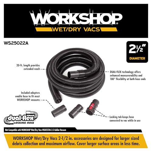 WORKSHOP Wet/Dry Vacs WS25022A 2-1/2-in. x 20-ft. Locking Shop Vacuum Hose | Extra Long DUAL-FLEX Locking Vac Hose, Fits WORKSHOP Shop Vacuum Cleaners with a 2-1/2-in. Diameter Inlet and Accessories