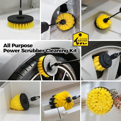 Holikme 4 Pack Drill Brush Attachments Set, Power Scrubber with Extend Long Attachment，Cleaning Supplies for Bathtub, Shower, Grout, Tile(Yellow)