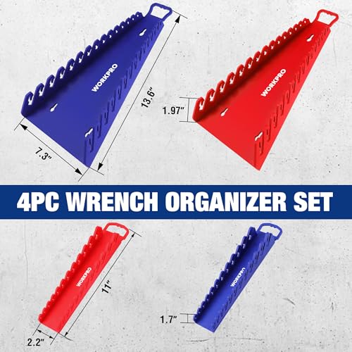 WORKPRO 4-Pack Magnetic Wrench Organizer,15-Slot and 12-Slot Gripper Holder | for Tool Boxes, Flexible Gripping Teeth and Carrying Handle, Fit for SAE and Metric, Blue, Red - style: Gripper Wrench Organizer(4PC)