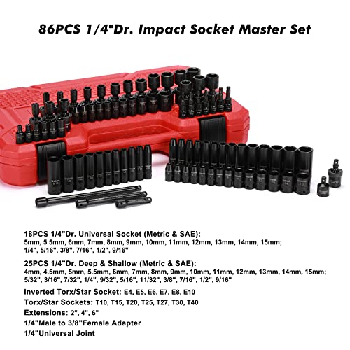 CASOMAN 1/4 Inch Drive Master Impact Socket Set with Adapters, U-Joint, Extensions & Torx Socket, 86-Piece, 6-Point, SAE/Metric, Standard/Deep, CR-V - size: 1/4" Drive