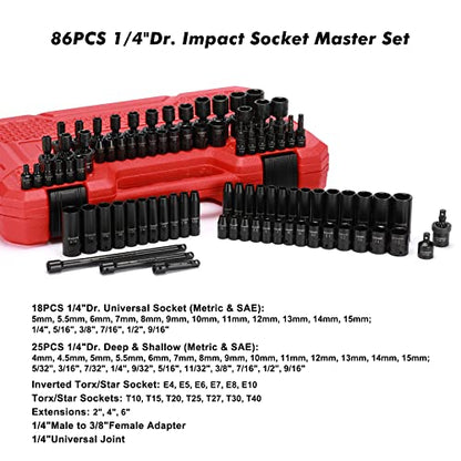 CASOMAN 1/4 Inch Drive Master Impact Socket Set with Adapters, U-Joint, Extensions & Torx Socket, 86-Piece, 6-Point, SAE/Metric, Standard/Deep, CR-V - size: 1/4" Drive
