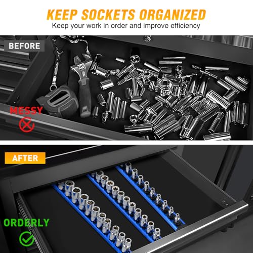 GOOACC Magnetic Socket Organizer 1/4" 3/8" 1/2" Socket Holder Set Heavy Duty Aluminum Socket Rail Organizers for Tool Box Drawer, 3 Pieces Magnetic Socket Rails Hold Up 40 Drive Socket Clips, Blue - size: Rail Magnetic 3PC 1/4"3/8"1/2" Blue