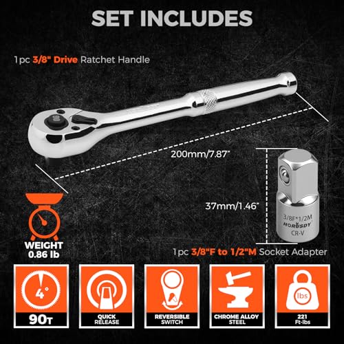 HORUSDY 3/8" Drive 90T Quick-Release Ratchet Handle, Reversible, Chrome Alloy Made, Full Polished, Includes 3/8" to 1/2" Socket Adapter, Ideal for Auto Repair, Home & Industrial Use - style: 3/8" Drive 90T