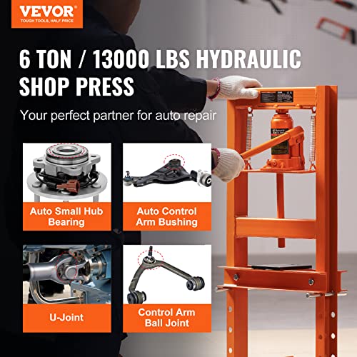 VEVOR Hydraulic 6 Ton H-Frame Garage Floor Adjustable Shop Press with Plates, 6T, Orange - size: 6T