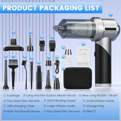 Handheld Car Vacuum Portable Cordless with 18000PA Super Suction, 4 in 1 Portable Air Blower/Car Vacuum 90°Foldable Rechargeable Brushless Motor, Gifts for Men for Home, PC