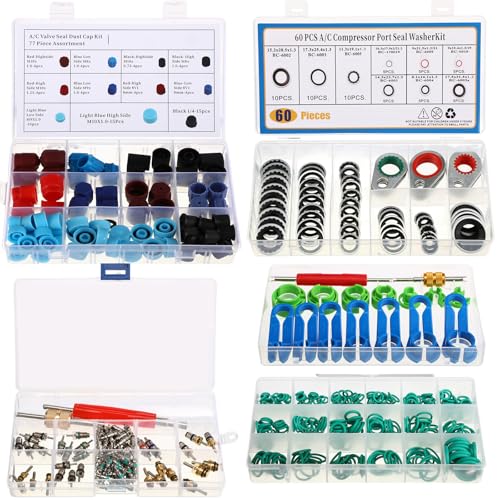Threlaco 5 Sets/525 Pcs Car A/c Repair Kits with 18 Sizes 270 O-Ring Kit, 102 Valve Cores, 60 Compressor Gaskets, 77 Dust Cap, 39 Valve Core, 16 Ac Fuel Line Disconnect Tool Compatible with R12 R134a