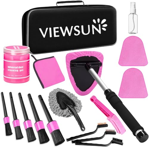Windshield Cleaner Tool, 17Pcs Pink Car Interior Cleaning Kit, Detailing Kit Cleaner, Detailing Brush, Cleaning Gel, Inside Cleaning Supplies Accessories for Women Girl Gift - color: Pink