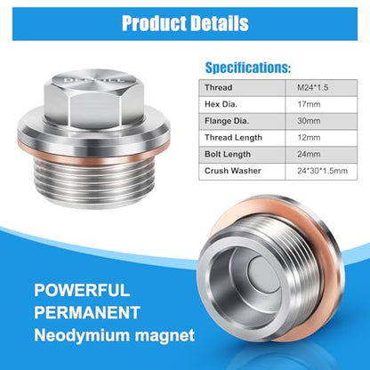 M24x1.5 Engine Oil Drain Plug Stainless Steel Magnetic Fit for 2012- BMW X1 X3 X4 X5 Z4, 220i 228i 320i 328i 330E 420i 428i 520i 528i E84 E89 F07N F10 F11, Replace 11137605018 OEM Style - size: M24 x 1.5