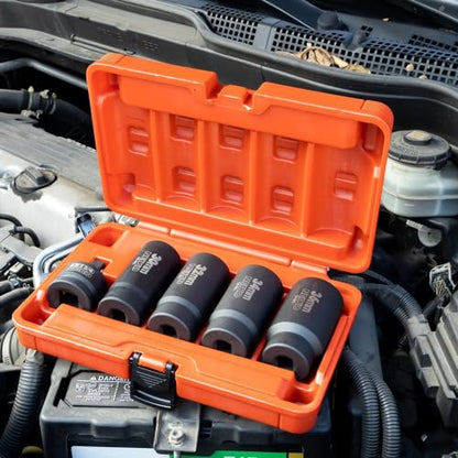 NEIKO 02530A 5 Piece 12 Point Socket Set 1/2” Drive, Lug Nut Remover, Spindle Nut Socket, Axle Nut Socket Set, Metric 30mm - 36mm Socket 1/2 Drive Impact Set, Cr-Mo Impact Adapter, 3/4" - 1/2” Reducer - size: 30-36 mm (5-Piece Set)