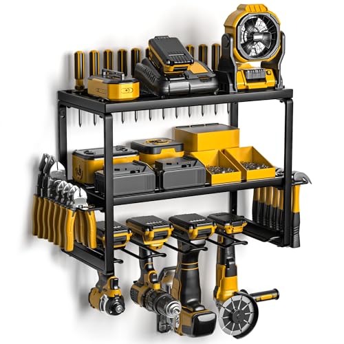 Spampur Power Tool Organizer, 3 Layers 4 Drill Holder Wall Mount | Garage Storage Rack for Handheld, Metal Tool Shelf Utility Rack for Cordless Power Tools, Suitable for Giving men - size: 3 Shelves 4 Slots